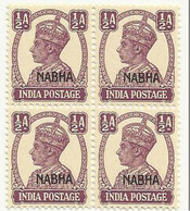 INDIA NABHA PRINCELY STATE 1943 MNH S.G 106 KING GEORGE VI, KGVI, HALF ANNA - Morvi