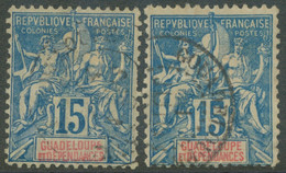 GUADELOUPE 1892 Kolonialallegorie 15 C.  Gestempelt ABART SCHRÄGDRUCK LANDESNAME - Used Stamps