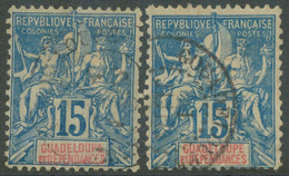 GUADELOUPE 1892 Kolonialallegorie 15 C.  Gestempelt ABART SCHRÄGDRUCK LANDESNAME - Oblitérés