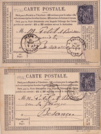 22926# LOT 2 CARTES PRECURSEUR SAGE Obl BELFORT BESANCON DOUBS - DIJON 1878 CONVOYEUR STATION Datées De DELLE - Precursor Cards