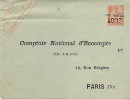 Enveloppe Entier Postal  Neuf 15 Cts Mouchon Surcharge Taxe Réduite Repiquage Privé Comptoir National D'Escompte - Buste Ristampe (ante 1955)