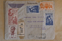 L4 AOF COTE IVOIRE LETTRE RECOM.RARE  1947 ABIDJAN A BOULHAUT MAROC + AFFRANCHISSEMENT INTERESSANT - Covers & Documents