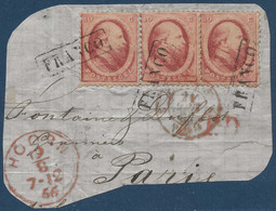 Pays Bas Fragment N°5 10c Rose Carminé Bande De 3 Oblitéré Letterbox Franco Pour Paris TTB - Oblitérés