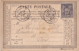 22933# SAGE CARTE PRECURSEUR Obl BREHAL MANCHE 1877 Pour PARIS - Precursor Cards