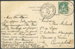 N°110 - 5 Centimes Pellens Obl. Sc SCHAERBEEK 1 Sur C.P. Du 14-VIII-1914 Vers Cumptich (Armée Belge) - Arrivée Sc Postes - Autres & Non Classés