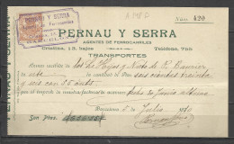 A148D-SELLO FISCAL EN DOCUMENTO AÑO 1910 COMPLETO FISCALES BARCELONA FERROCARRIL RAIL WAY TRENES PERNAU Y SERRA . - Fiscal-postal