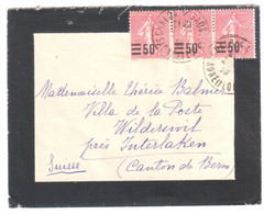 CHALON Sur SAONE Lettre Deuil Carte De Visite Mignonette 50c/65c Semeuse Lignée Yv 224 Ob 1928 Dest Suisse Wilderswil - Brieven En Documenten
