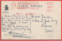 COTE DES SOMALIS CARTE OBLITERATION MECANIQUE DE 1954 DE DJIBOUTI POUR RENNES FRANCE - Lettres & Documents