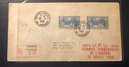Andorre N°92X2 OBL Andorre La Vieille (1950), LR Pour USA, Griffe Rouge"1874 U.P.U 1949- COURRIER...1950-Arrivée Verso - Lettres & Documents