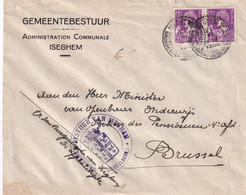 DDY 708 - Enveloppe Paire TP Mercure 20 C - Entete Gemeentebestuur ISEGHEM 1932 - DEMI-TARIF Admin. Communales - 1932 Ceres Und Mercure