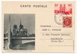 Entier CP 90c N.D De Paris Illustration Statue De Ste Geneviève - 1944 - Affr Complémentaire 30c Pétain - Cartes Postales Types Et TSC (avant 1995)