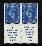 Ref 1476 - GB 1951 KGVI - Booklet Pane MNH - SG 504 (inverted Watermark) 2 X 1d + Labels - Ungebraucht