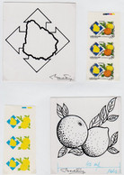 1988 URUGUAY Original 2 Artworks- 2 Strips Variety Proof - fruit Fruits Orange Lemon Signed Artist Menck Freire- Yv 1254 - Uruguay