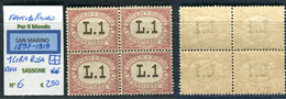 SAN MARINO 1897-1919  Segnatasse 1 Lira Rosa Quartina MNH Sassone 6 € 250 - Segnatasse