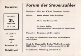 Forum Der Steuerzahler, Gasthaus Zum "Engel", 21. Sept. 1966. Max Wörne, Eisenwaren, Ihringen. Einladung, Drucksache. - Ihringen