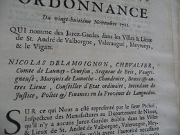 Ordonnance 28/11/1711 Nomination Jurés Gardes De St André Valborgne Valeraugue Meyrueis Le Vigan - Wetten & Decreten
