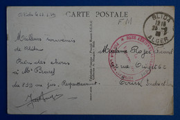 L10 ALGERIE BELLE CARTE 1939 FM  ALGER BLIDA  POUR TOURS FRANCE + AFFRANCH. INTERESSANT - Covers & Documents