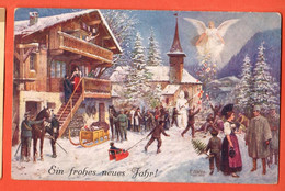 ZKE-38 RARE Litho Bonne Année Dans Un Village Suisse. Ange Et Militaires. Circulé 1911  Essig Bâle - Nouvel An