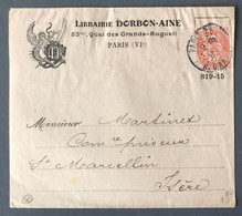 France N°109 Bord De Feuille (inter-panneau) Sur Enveloppe De Paris Pour St Marcelin 1910 - (B3804) - 1877-1920: Période Semi Moderne