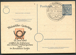 P954 ZC Postkarte Zudruck PHILATELISTEN GEDENKTAG  Dresden Sost. 1946  NGK 7,00 € - Enteros Postales