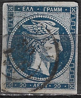 GREECE 1872-76  Large Hermes Meshed Paper Issue 20 L Blackish Blue Vl. 55 B / H 41c - Gebraucht