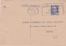 Bt - Entier Postal Gandon 12F - Banque Populaire Alpes Maritimes, Menton 1949 - Cachet Paris Tri N°1 - Sonstige