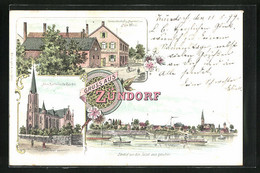 Lithographie Zündorf, Die Neue Katholische Kirche, Gastwirtschaft Jägerhof, Ansicht Von Der Insel - Koeln