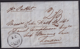 1855. CÁDIZ A LONDRES. MARCA B.C./CADIZ EN TINTA ESCRIBIR. MNS. PER PACKET. TASA 2/3 CHELINES-PENIQUES. MUY BONITA. - ...-1840 Préphilatélie