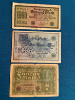 3 Banconote Germania Circolate  Reichsbanknote 1908-1920-1922 - Non Classés