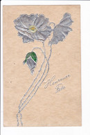 Carte Embossée Sur Papier Relief Avec Fleur Argentée "Heureuse Fête" - Other & Unclassified