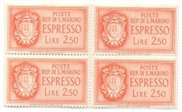 SAN MARINO - 1943 - Espresso 2,50 - Stemma - Quartina - Block Of 4 - NUOVO - Sellos De Urgencia