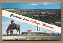 CPSM USA - MONTANA - BILLINGS - Greetings From - TB CP 2 Vues Dont Vue Générale Ville + Statue Devant Aéroport - Billings