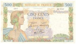 Billet  >  France > 500  Francs 1943 Une Petite Coupure En Bas Petit Trous D épingles - 500 F 1940-1944 ''La Paix''