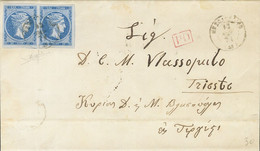 Grecia. Sobre 37(2). 1874. 20 L Azul Sobre Azulado, Pareja. MESOLOGGIOU A TRIESTE. Al Dorso Llegada. MAGNIFICA. - Otros & Sin Clasificación