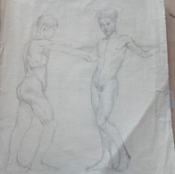 Disegno A Matita Nudo D’uomini Di Accademia Metà ‘800 (D140 Come Da Foto Figure 40,0 X 36,0 Cm Piccole Piegature - Dessins