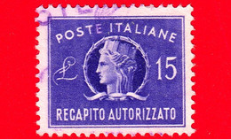 ITALIA - Usato - 1949 - Recapito Autorizzato - Italia Turrita, Formato Piccolo, Filigrana Ruota - 15 L. - 1946-60: Used