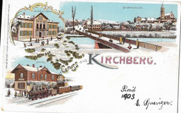 Gruss Von KIRCHBERG: Winter-Litho Mit Bahnhof/Zug, Gasthaus Sonne 1903 - Kirchberg