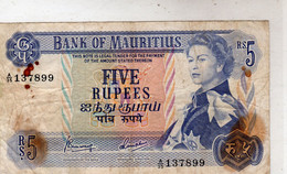 Billet De Banque De L'Ile Maurice 5 Rupées Reine Elisabeth II 1967 - Mauricio