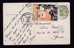 DDY 778 -- Vignettes RARES - CHARLEROI Expo 1911 S/ Carte-Vue Bruges TP Armoiries BRUGGE 1911 Vers GENT - Erinnofilia [E]