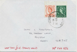 GB 29.2.1972 Wilding 1 1/2D + 4 1/2D On Superb Last Day Cover ROYSTON / HERTS. - 1971-1980 Decimale  Uitgaven