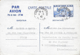 Entier Postal Par Avion Oblitération TUNIS ROUSTAN 6/8/1942 Pour Boulogne Sur Mer - Storia Postale