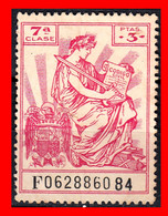 ESPAÑA ( POLIZA FISCAL ) TIMBRE 7ª CLASE VALOR 3 PTAS. Nº F062886084 SERIE AÑO 1940-1955- CON EL ESCUDO DE LOS REYES CAT - Fiscales