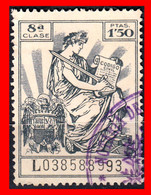 ESPAÑA ( POLIZA FISCAL ) TIMBRE 8ª CLASE VALOR 1.50 PTAS. Nº L038588993 SERIE AÑO 1940-1955- CON EL ESCUDO DE LOS REYES - Fiscales