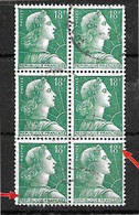 Variété 18f Muller Vert, Bloc De 6 Oblitéré, F Partiellement Obstrué, Signatures Abscentes Sur Plusieurs Timbres - Used Stamps