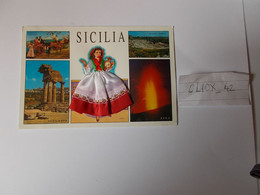 Belle Carte Brodée Tissus SICILIA Agricento-carretto Siciliano- Teatro Greco- Etna - Embroidered