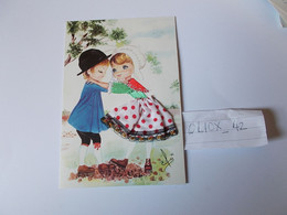 Belle Carte Brodée Tissus Couple D'enfants Signée Elsi - Embroidered