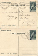 2 Entiers Mémorial Canadien De Vimy 5c Vert Vue 8 Et 10 Storch J1h Et J CAD Vimy 26 7 1936 + Flamme Monument - Standard Postcards & Stamped On Demand (before 1995)
