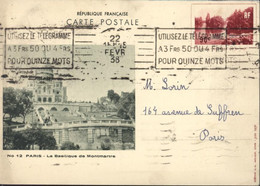 Entier Paris Le Grand Lac Du Bois RF CP Verte Storch G2b Basilique Montmartre CAD 22 FEV 38 Flamme Utilisez Télégramme - Standard Postcards & Stamped On Demand (before 1995)