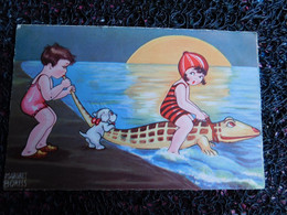 Illustrateur Margret Boriss, Enfants à La Plage, Petit Chien, Coucher De Soleil, 1932   (Z7) - Boriss, Margret