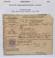 FISCAUX DE FRANCE  DIMENSION  N°6 B  20C Violet  Sur Quittance De 1866 - Fiscale Zegels